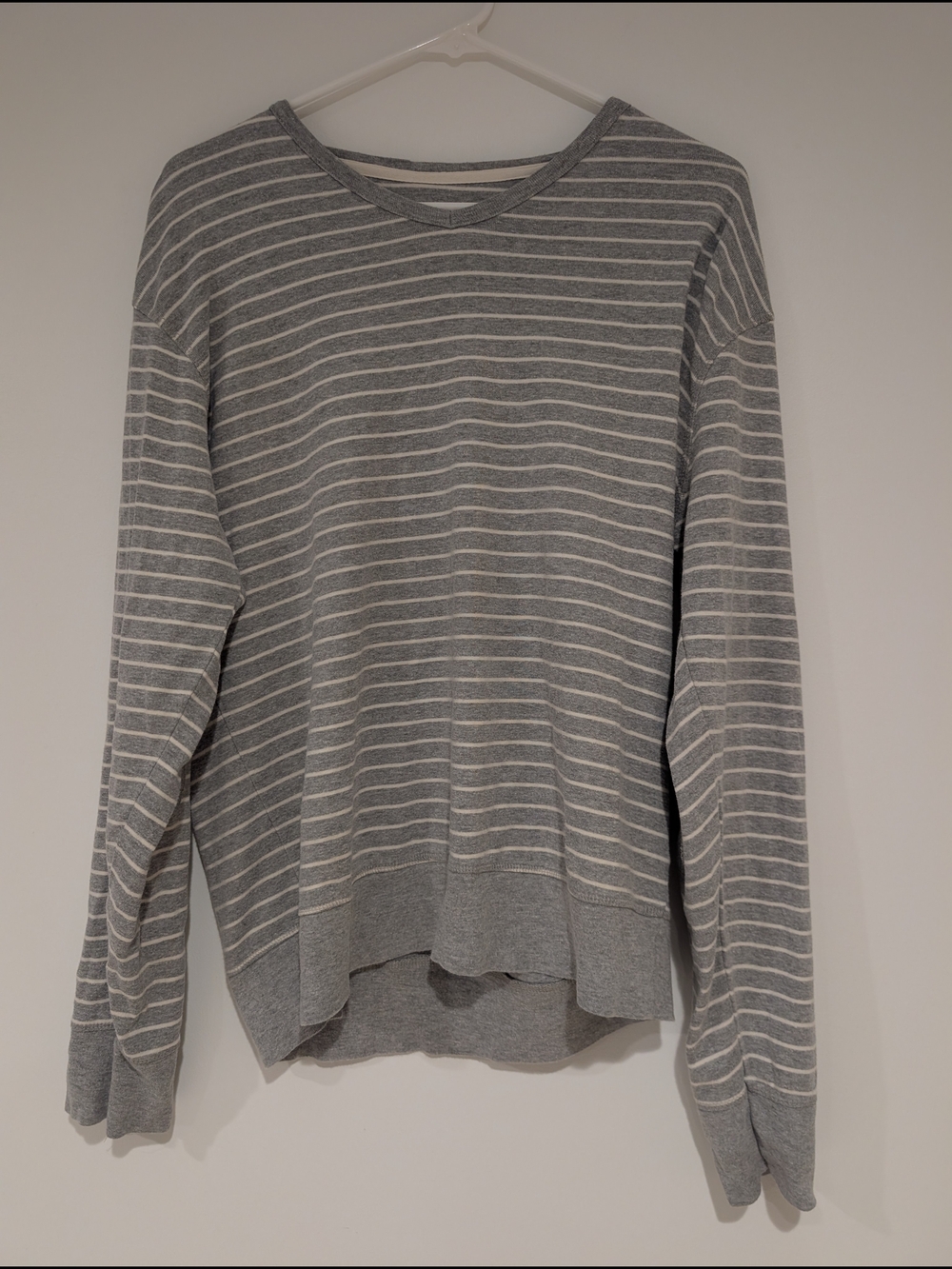 Men's Gray and White Striped Crewneck Sweater